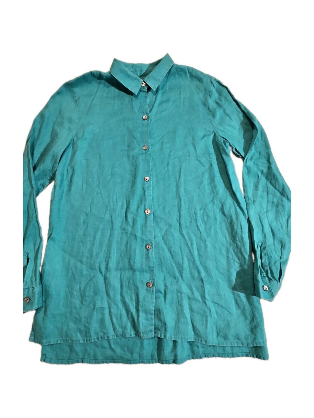 J.Jill Love Linen Shirt Women XS Teal Blue Button Up Long Sleeve Lagenlook EUC